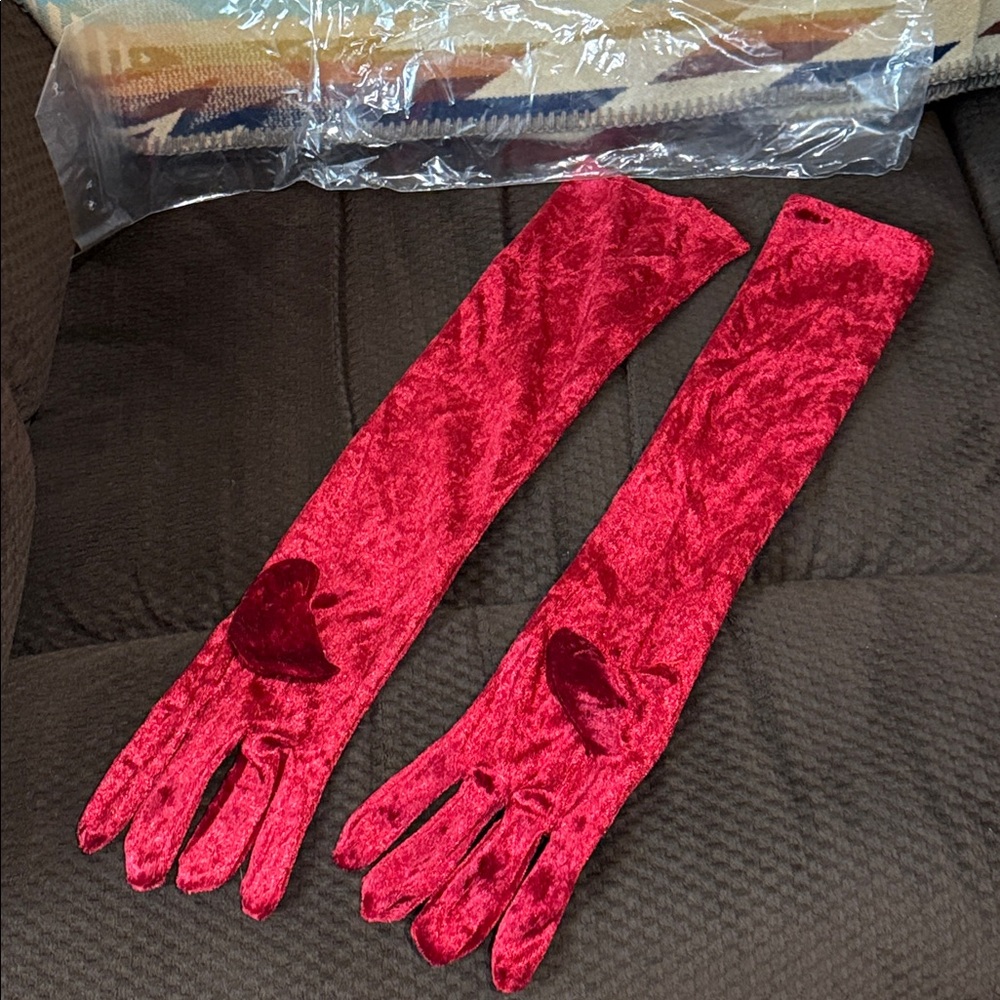 Vintage 2000s Elegant Red Velvet Gloves Elbow-Length Bright Red Costume Party